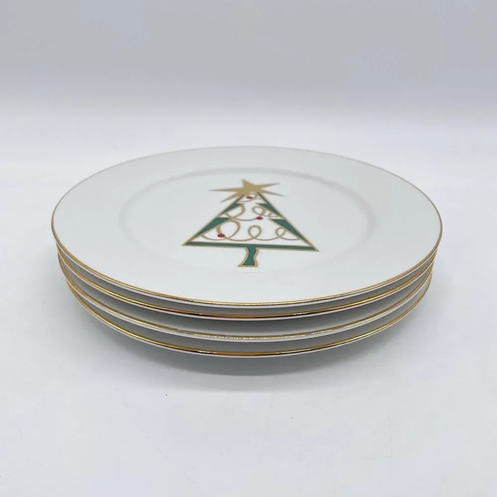 Pier 1 Christmas Tree Porcelain Salad Plates 7 1/2” Set of 4 Red Green Gold